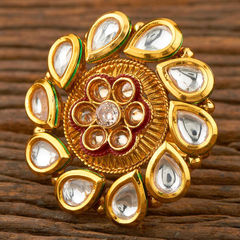 Gold Rodium Polish White and Off White color Ring in Brass studded with Kundan