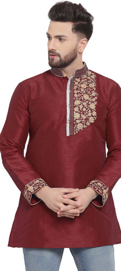 Red and Maroon color Kurta in Dupion Silk fabric with Embroidered, Thread work