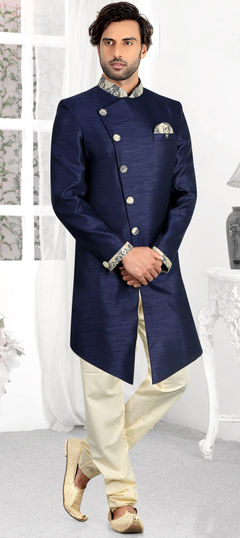 Blue color IndoWestern Dress in Silk fabric with Broches work
