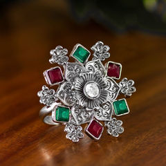 Silver Rodium Polish Green, Red and Maroon color Ring in Metal Alloy studded with CZ Diamond