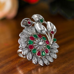 Silver Rodium Polish Green, Red and Maroon color Ring in Metal Alloy studded with CZ Diamond