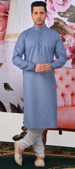 Blue color Kurta Pyjamas in Cotton fabric with Printed work