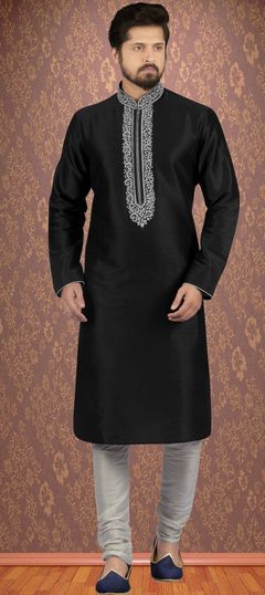 Black and Grey color Kurta Pyjamas in Dupion Silk fabric with Embroidered, Thread work