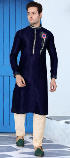 Blue color Kurta Pyjamas in Dupion Silk fabric with Embroidered, Thread work