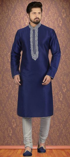 Blue color Kurta Pyjamas in Dupion Silk fabric with Embroidered, Thread work