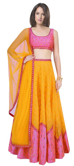 Yellow color Lehenga in Art Dupion Silk fabric with Sequence, Thread work