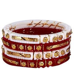 Gold Rodium Polish Red and Maroon, White and Off White color Bangles in Metal Alloy studded with Artificial