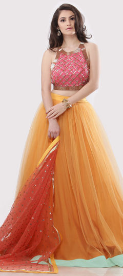 Festive, Reception Orange color Lehenga in Net fabric with A Line Border, Gota Patti, Sequence work : 1665752