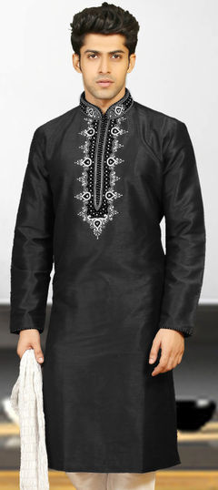 Black and Grey color Kurta in Dupion Silk fabric with Embroidered work