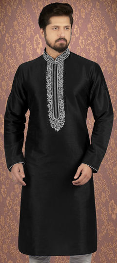 Black and Grey color Kurta in Dupion Silk fabric with Embroidered work