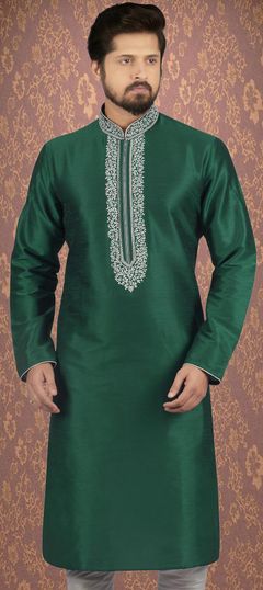 Green color Kurta in Dupion Silk fabric with Embroidered work