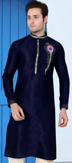 Blue color Kurta in Dupion Silk fabric with Embroidered work