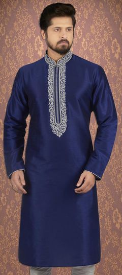 Blue color Kurta in Dupion Silk fabric with Embroidered work