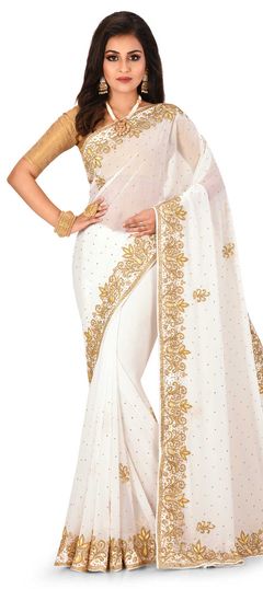 White and Off White color Saree in Georgette fabric with Cut Dana, Stone work