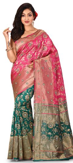 Green, Pink and Majenta color Saree in Kanchipuram Silk, Silk fabric with Cut Dana, Sequence, Stone work