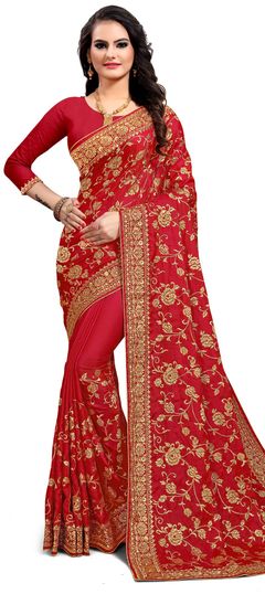 Red and Maroon color Saree in Satin Silk, Silk fabric with Embroidered, Stone, Thread, Zari work