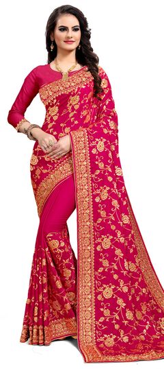 Pink and Majenta color Saree in Satin Silk, Silk fabric with Embroidered, Stone, Thread, Zari work