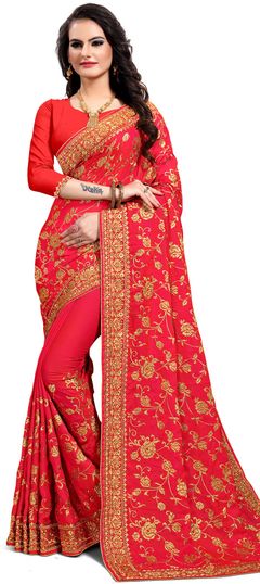 Red and Maroon color Saree in Satin Silk, Silk fabric with Embroidered, Stone, Thread, Zari work