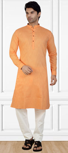 Orange color Kurta Pyjamas in Cotton fabric with Thread work