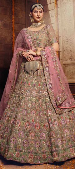 Bridal, Designer, Engagement, Reception, Wedding Beige and Brown color Lehenga in Georgette fabric with A Line Sequence, Thread, Zari, Zircon work : 1668002