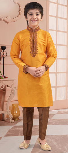 Yellow color Boys Kurta Pyjama in Art Silk fabric with Embroidered, Thread work : 1668282