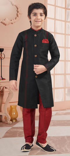 Black and Grey color Boys Kurta Pyjama in Bangalore Silk fabric with Thread work : 1668294