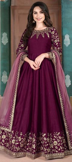 Pink and Majenta color Salwar Kameez in Art Silk, Silk fabric with Embroidered, Thread, Zari work