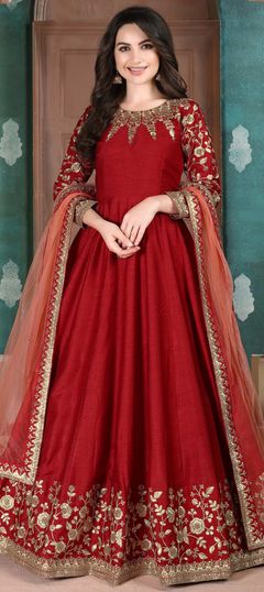 Red and Maroon color Salwar Kameez in Art Silk, Silk fabric with Embroidered, Thread, Zari work