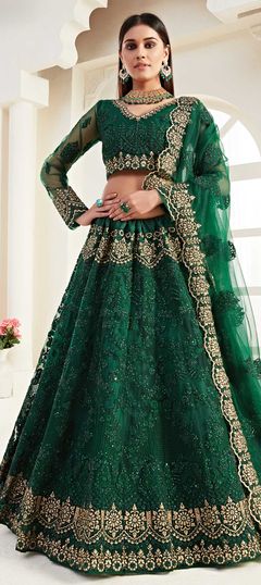 Green color Lehenga in Net fabric with Embroidered, Thread, Zari work