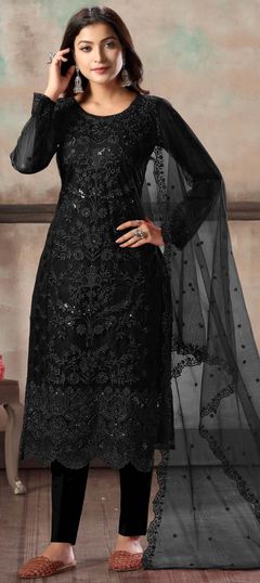 Festive, Party Wear Black and Grey color Salwar Kameez in Net fabric with Straight Embroidered, Sequence, Thread work : 1669106