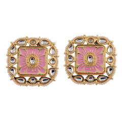 Gold Rodium Polish Pink and Majenta color Earrings in Brass studded with CZ Diamond