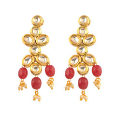 Gold Rodium Polish Red and Maroon color Earrings in Brass studded with CZ Diamond, Kundan
