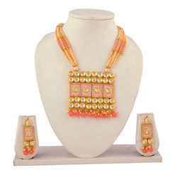 Gold Rodium Polish Pink and Majenta color Pendant in Copper studded with Kundan