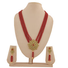 Gold Rodium Polish Red and Maroon color Pendant in Copper studded with Kundan