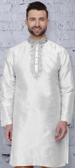 White and Off White color Kurta in Dupion Silk fabric with Embroidered, Thread work