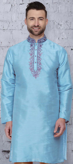 Blue color Kurta in Dupion Silk fabric with Thread work