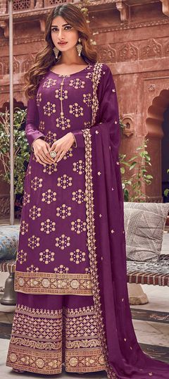 Purple and Violet color Salwar Kameez in Dolla Silk, Silk fabric with Cut Dana, Zardozi work