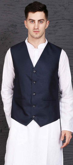 Blue color Nehru Jacket in Viscose fabric with Thread work