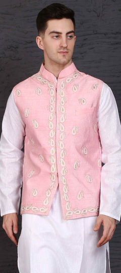 Pink and Majenta color Nehru Jacket in Raw Silk fabric with Embroidered, Thread, Zari work