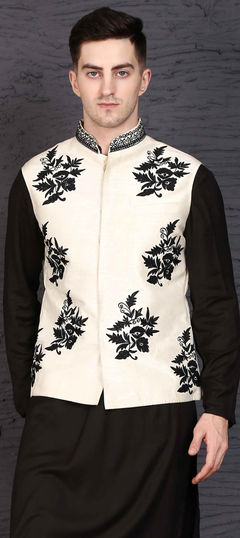 White and Off White color Nehru Jacket in Raw Silk fabric with Embroidered, Thread work