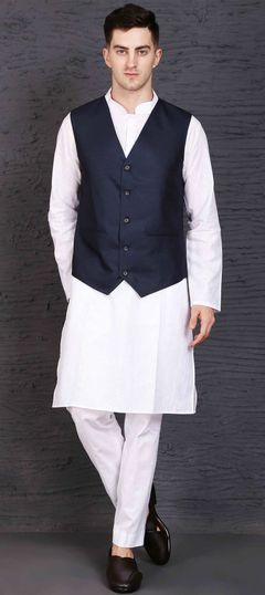 White and Off White color Kurta Pyjama with Jacket in Cotton fabric with Thread work