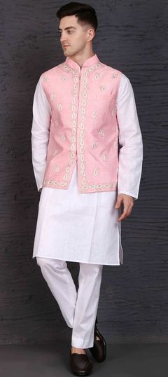 White and Off White color Kurta Pyjama with Jacket in Cotton fabric with Embroidered, Resham, Zari work