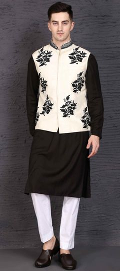 Black and Grey color Kurta Pyjama with Jacket in Rayon fabric with Embroidered, Resham, Thread work