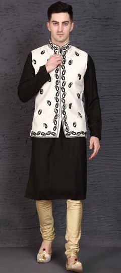 Black and Grey color Kurta Pyjama with Jacket in Rayon fabric with Embroidered, Resham, Thread work