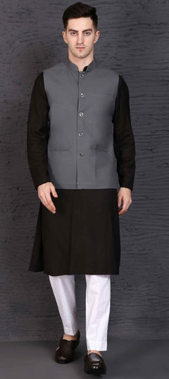 Black and Grey color Kurta Pyjama with Jacket in Rayon fabric with Thread work