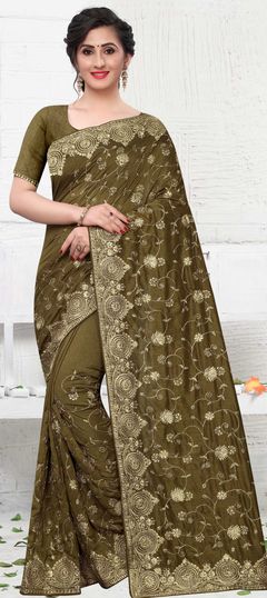Green color Saree in Art Silk, Silk fabric with Embroidered, Stone, Thread, Zari work