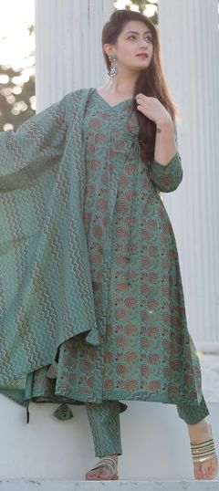 Festive, Reception Green color Salwar Kameez in Cotton fabric with A Line, Angrakha Printed work : 1671861