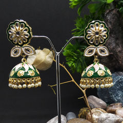 Gold Rodium Polish Green color Earrings in Metal Alloy studded with Pearl