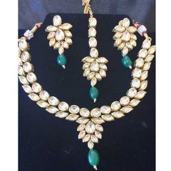 Gold Rodium Polish Green color Necklace in Metal Alloy studded with Kundan