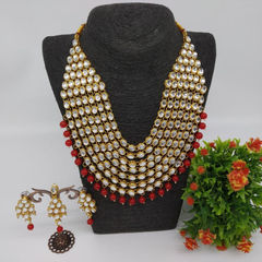 Gold Rodium Polish Red and Maroon, White and Off White color Necklace in Metal Alloy studded with Kundan